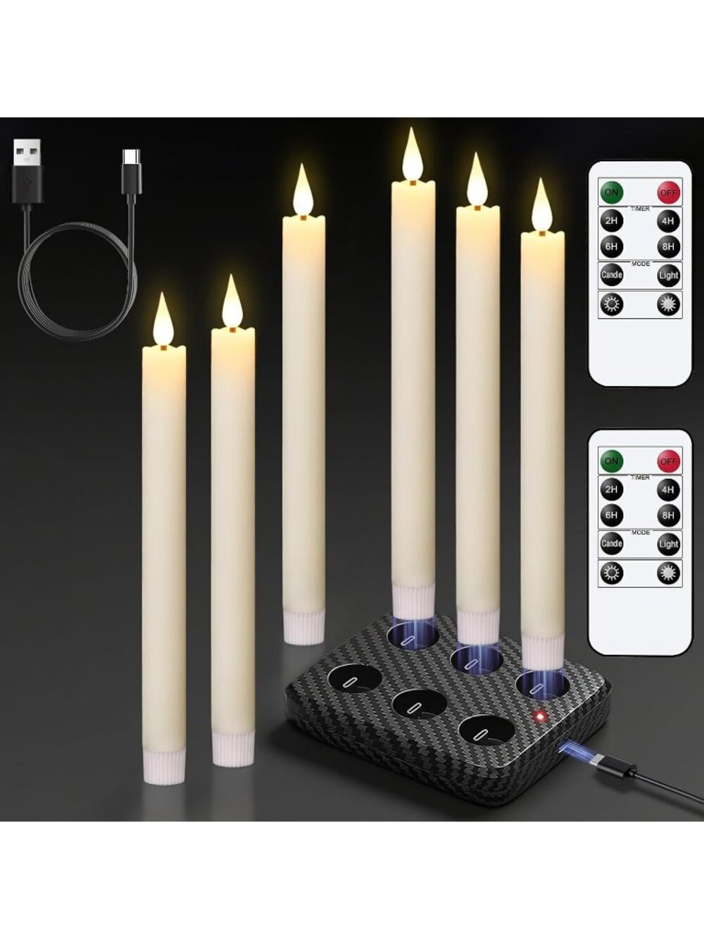 New Rechargeable Flameless Taper Candles Charging Base & 2 Remote Ivory